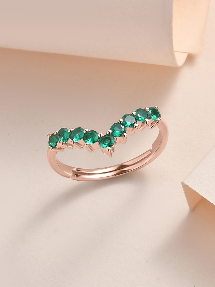 Rose Gold Synthetic Emerald Adjustable Chevron Ring In 925 Silver