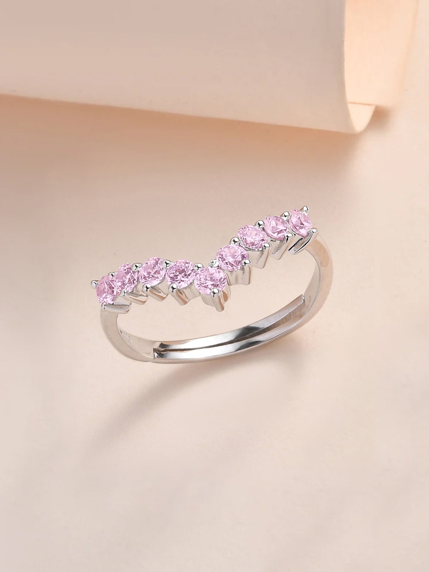 Pink Stone Adjustable Chevron Rings In 925 Silver-3