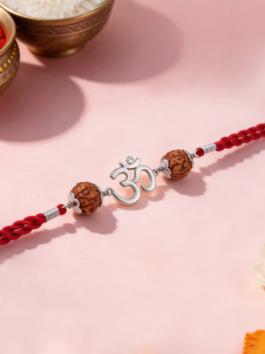 Om Rudraksha Silver Rakhi for Brother in 925 Sterling Silver - Ornate Jewels