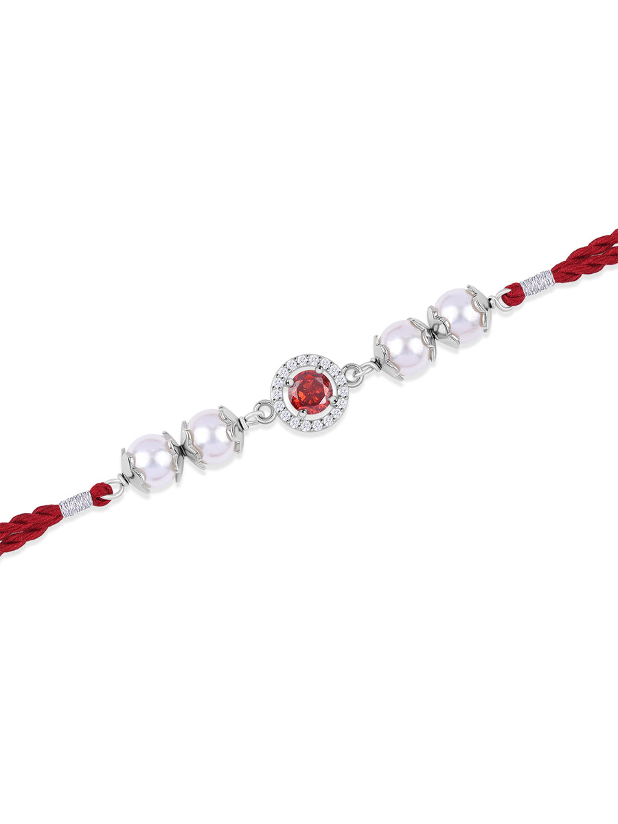 Garnet Glow Pearl Silver Rakhi