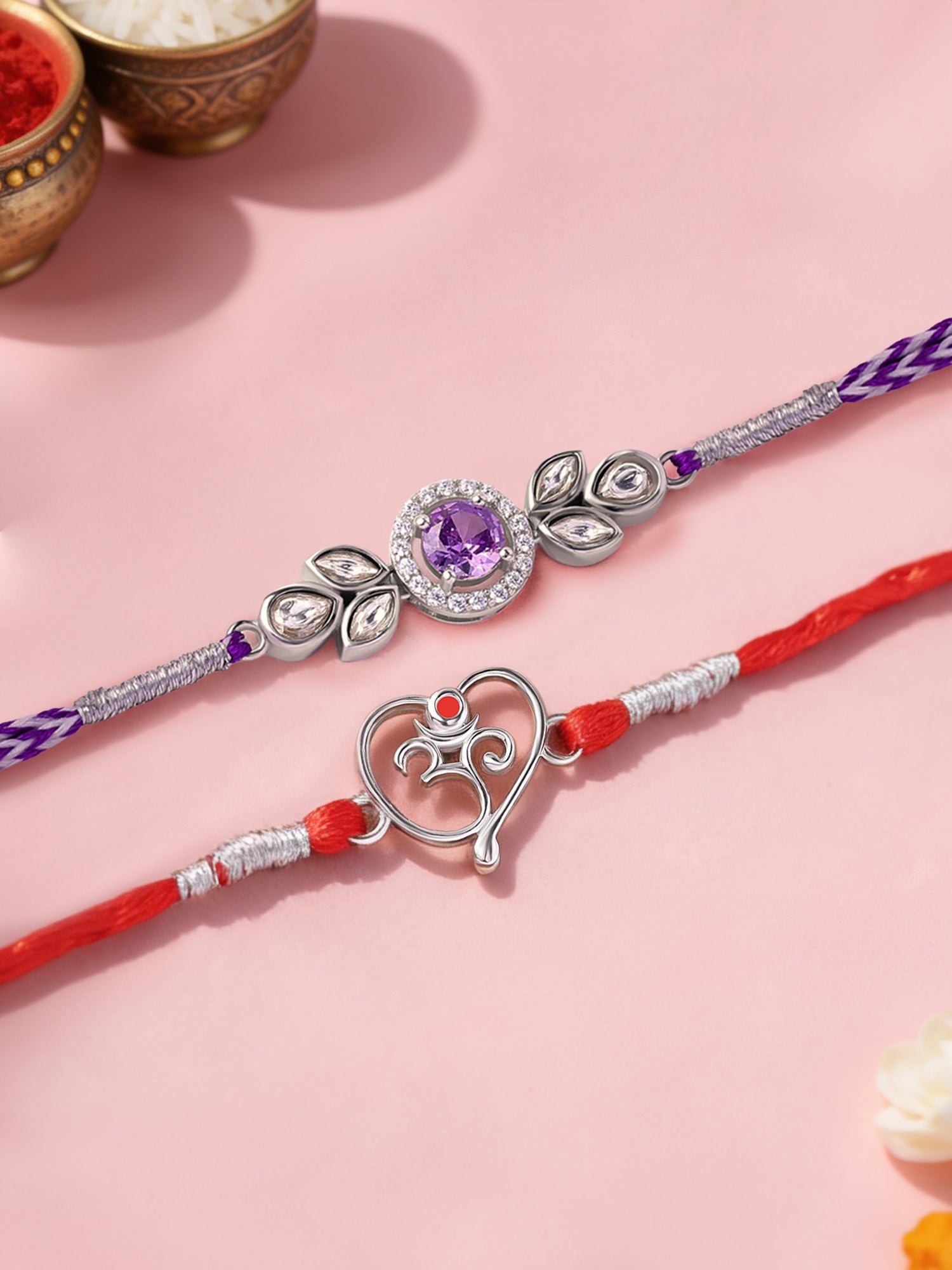 Amethyst Leaf and Om Silver Rakhi Combo