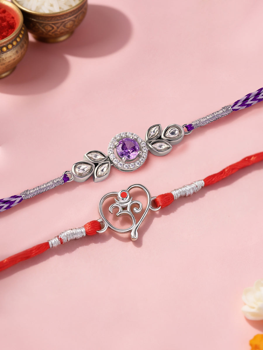 Amethyst Leaf and Om Silver Rakhi Combo