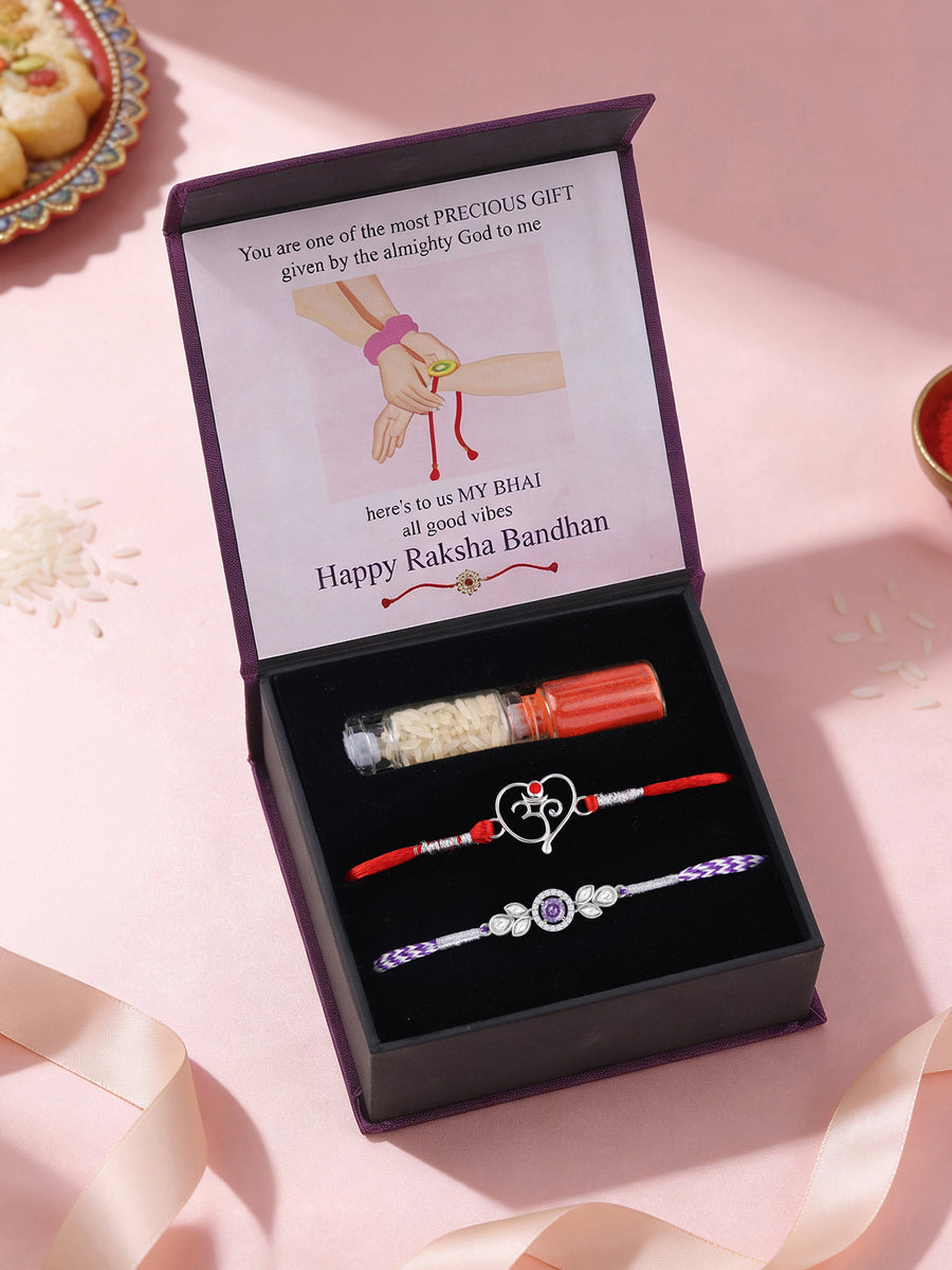 Amethyst Leaf and Om Silver Rakhi Combo