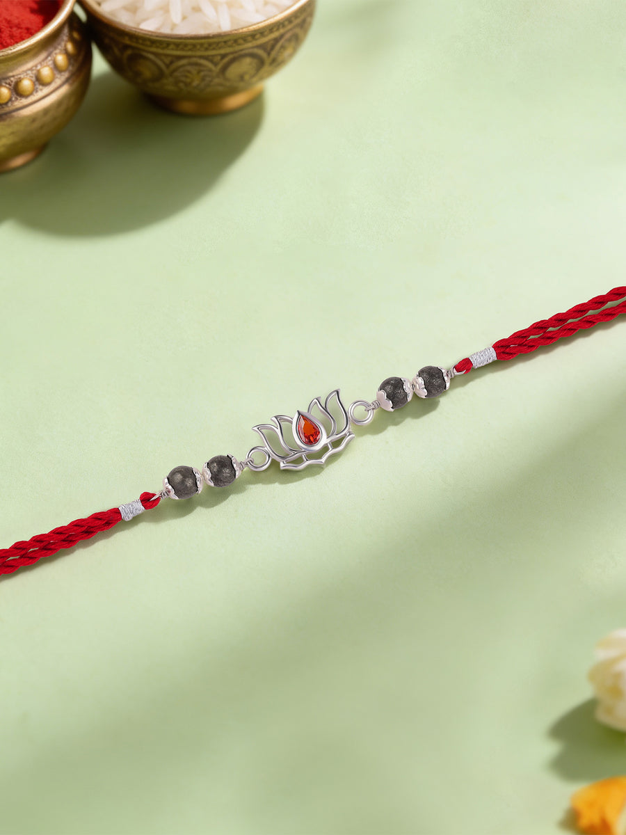 Lotus Garnet Silver Rakhi For Brother