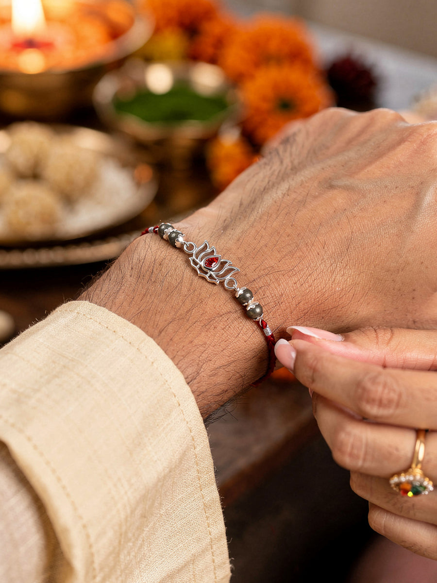 Lotus Garnet Silver Rakhi For Brother