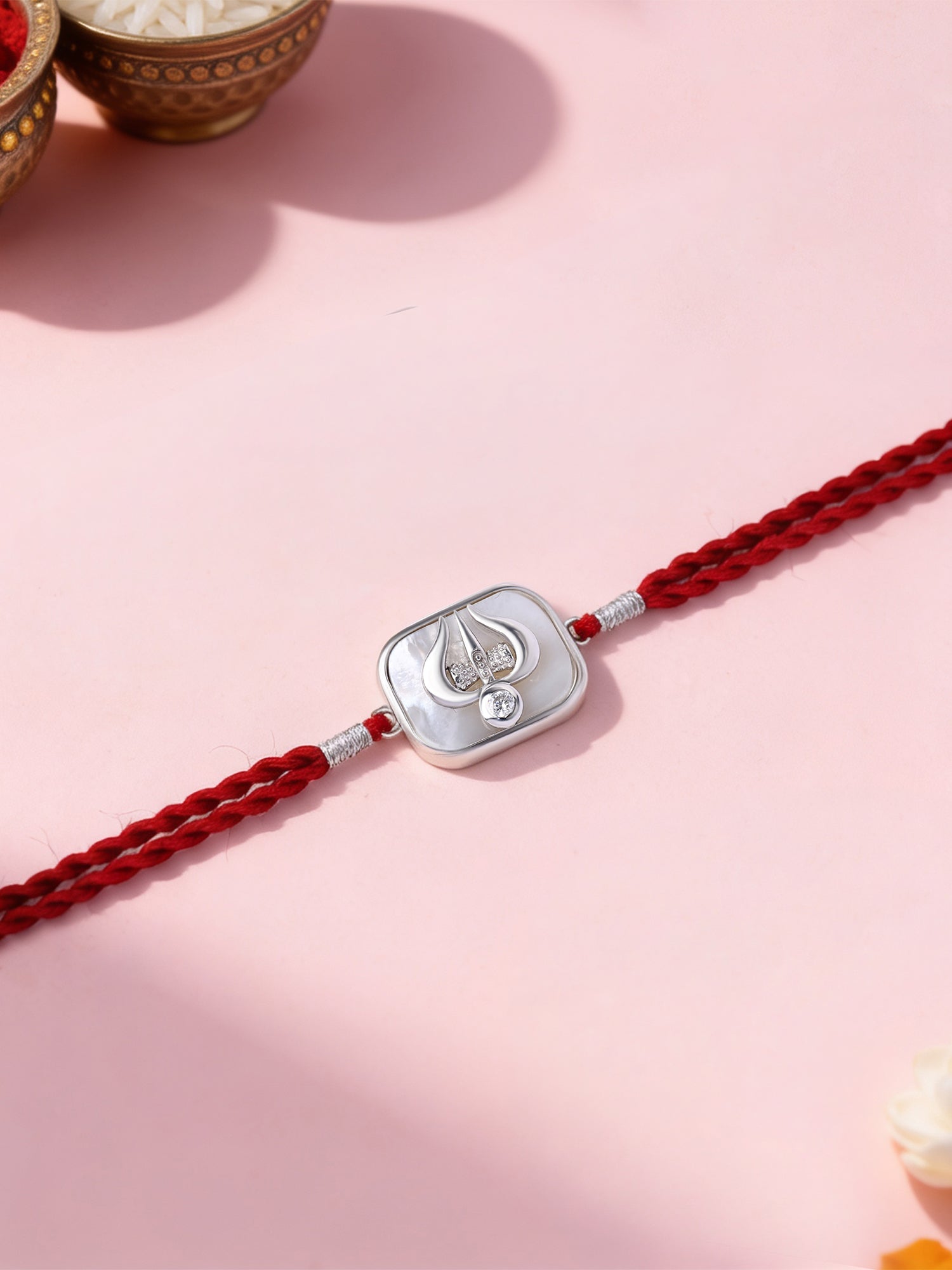 Mother of Pearl Trishul Silver Rakhi For Bhai