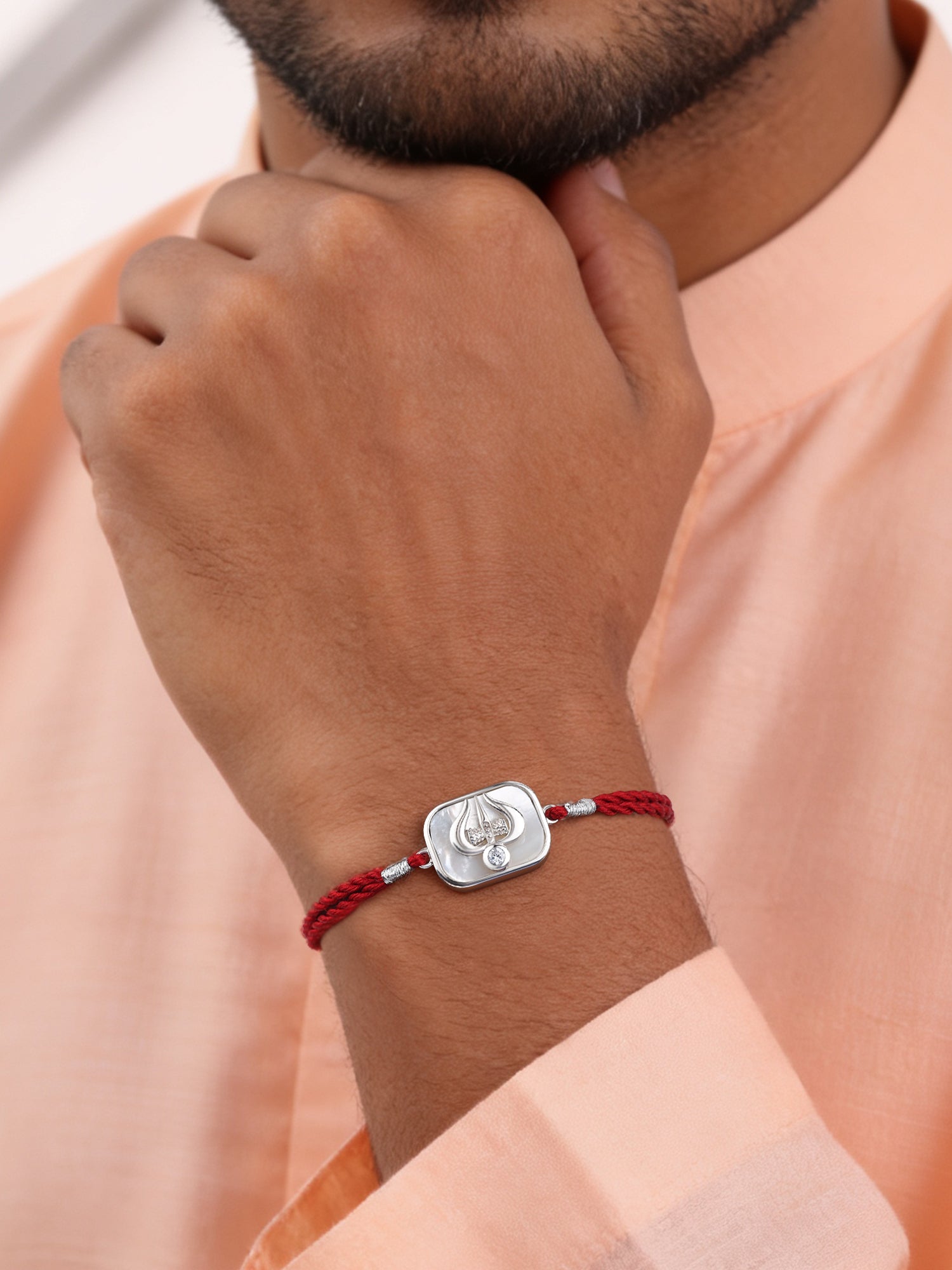 Mother of Pearl Trishul Silver Rakhi For Bhai