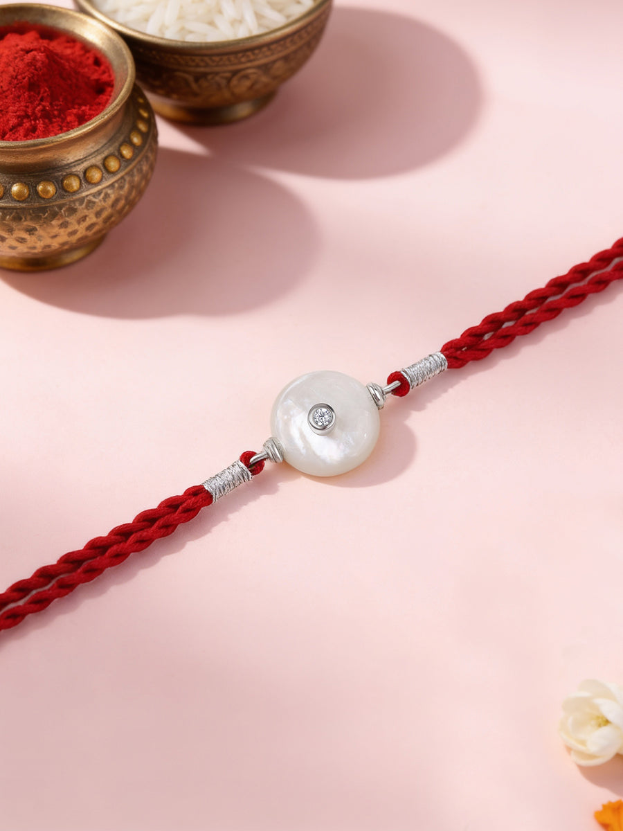 Mother of Pearl Solitaire Silver Rakhi