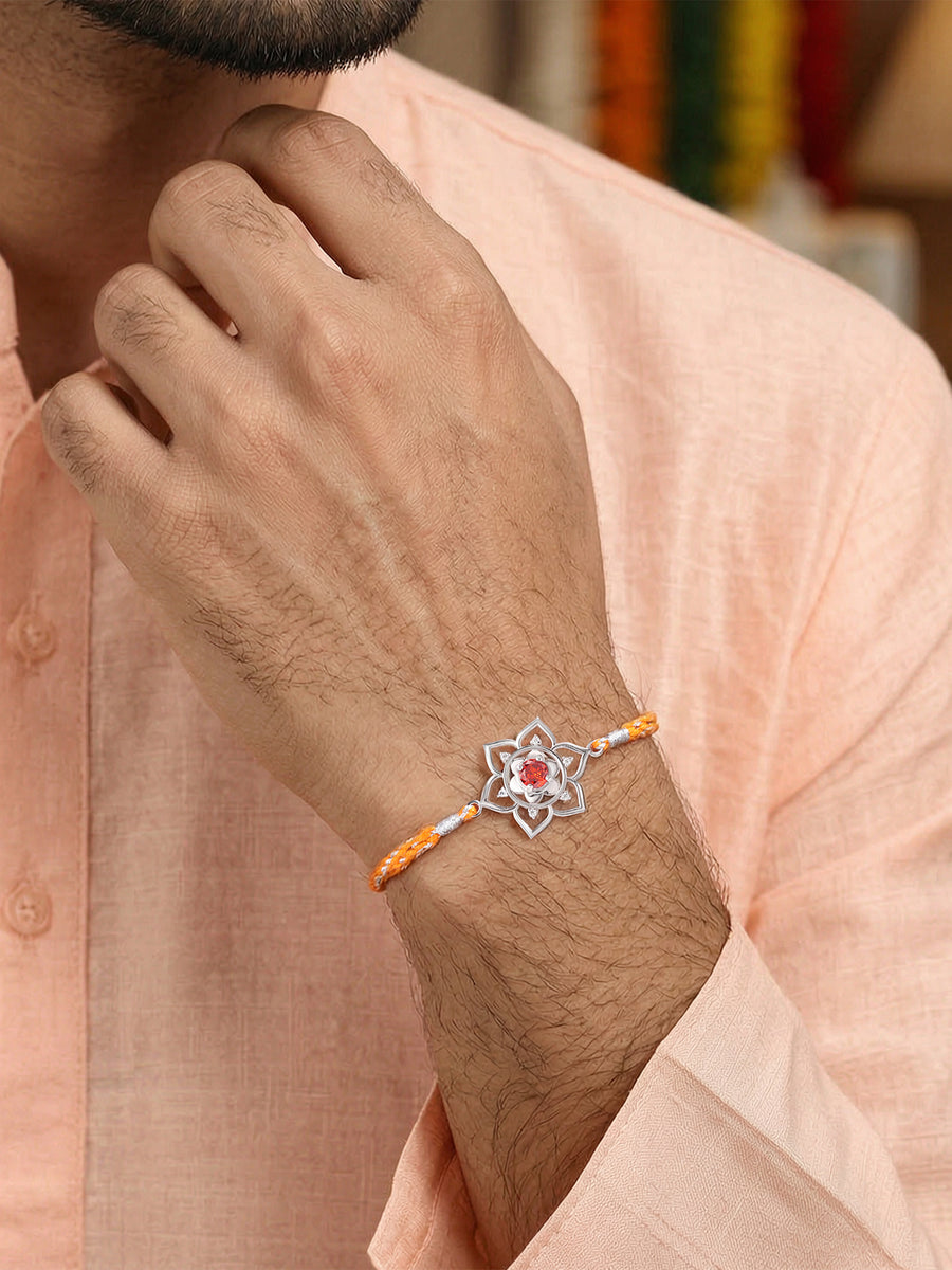 Floral Aura Garnet Silver Rakhi