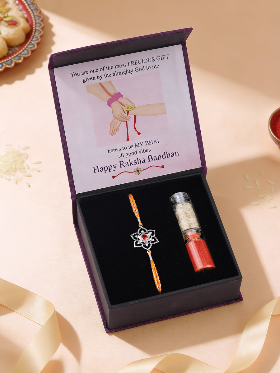 Floral Aura Garnet Silver Rakhi