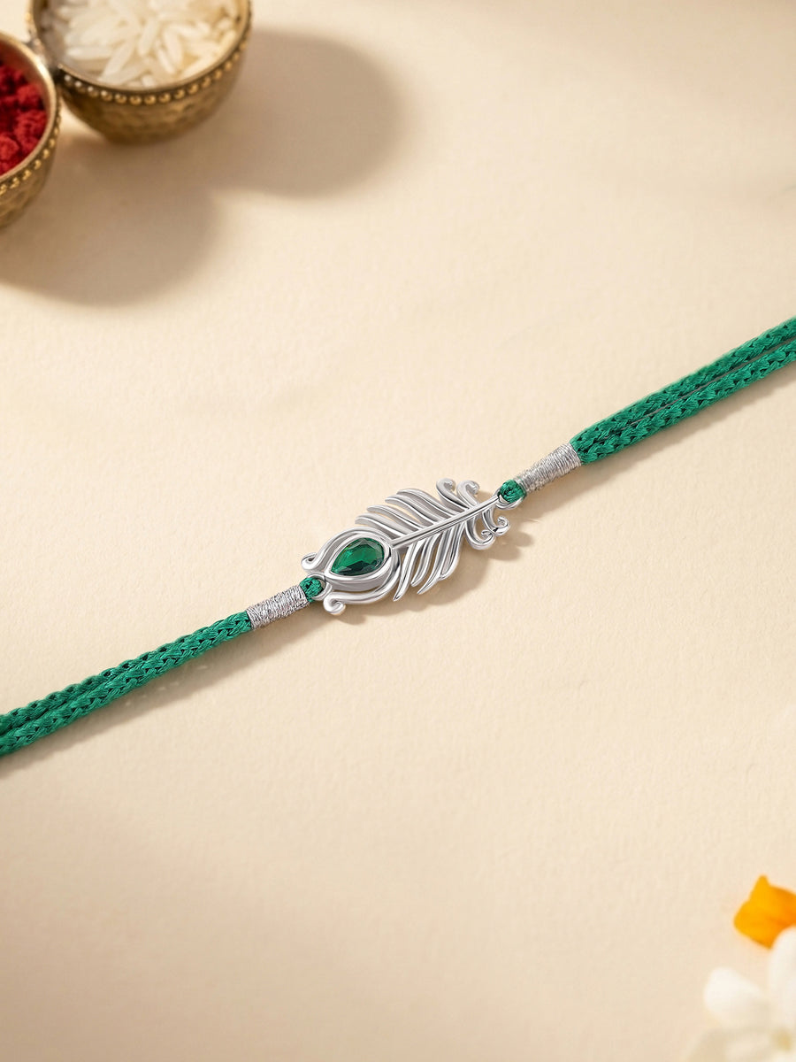 Green Stone Morpankh Silver Rakhi