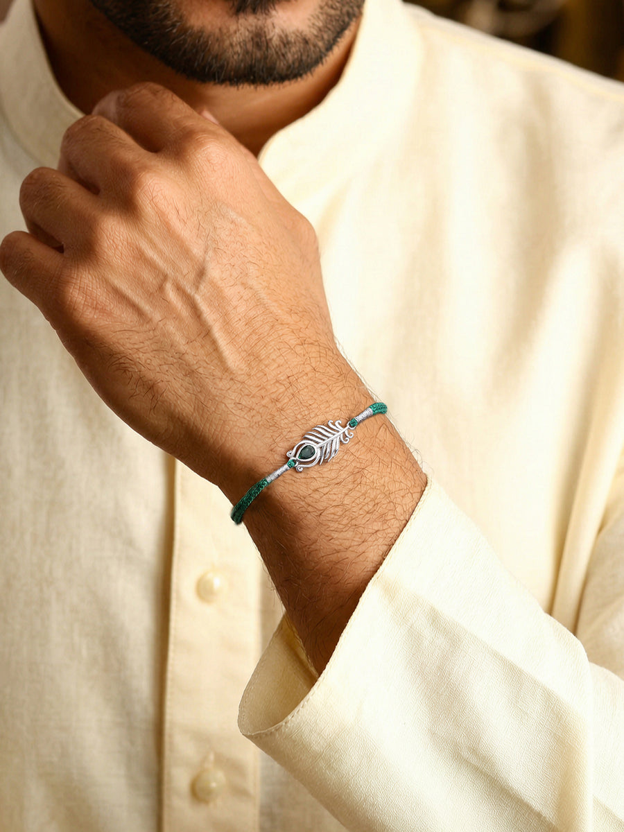 Green Stone Morpankh Silver Rakhi