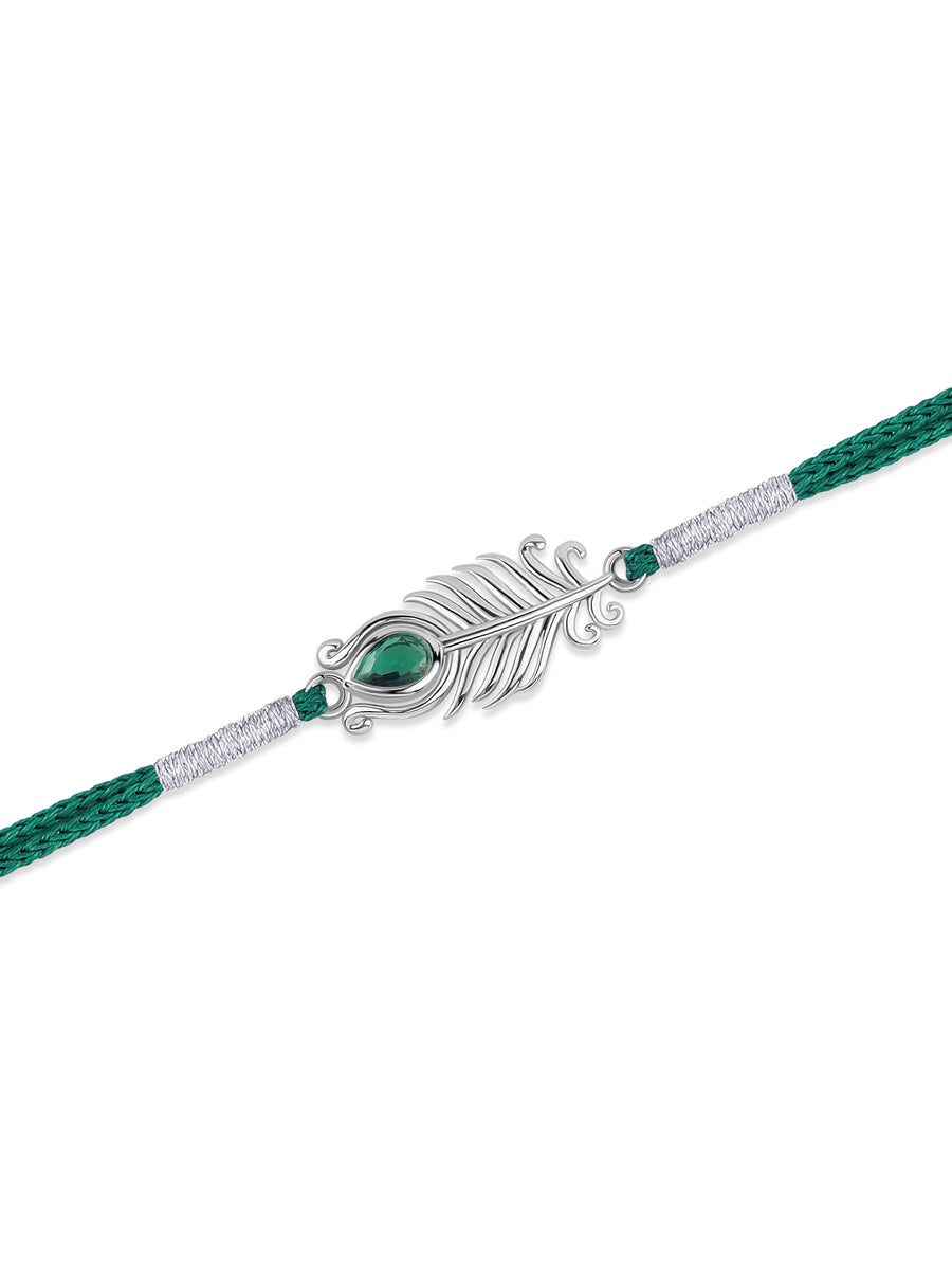 Green Stone Morpankh Silver Rakhi