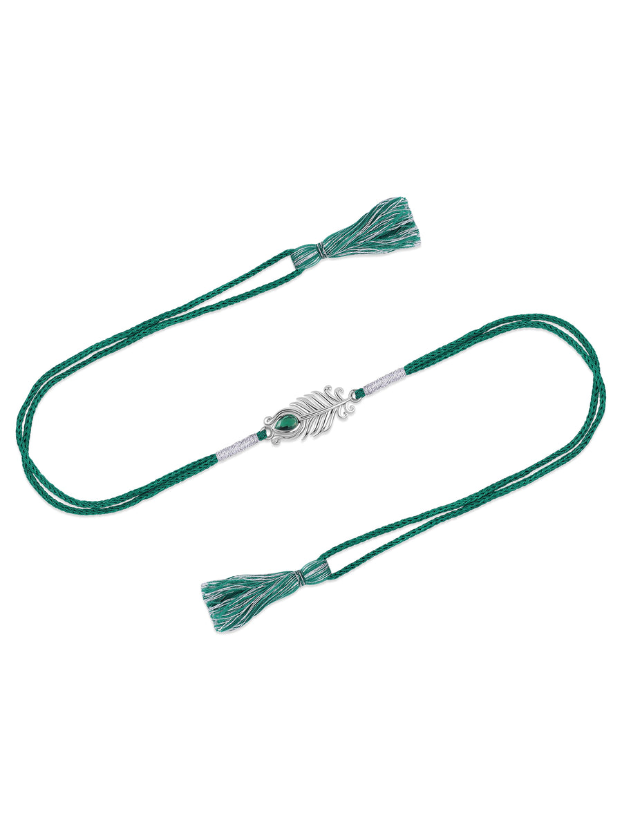 Green Stone Morpankh Silver Rakhi