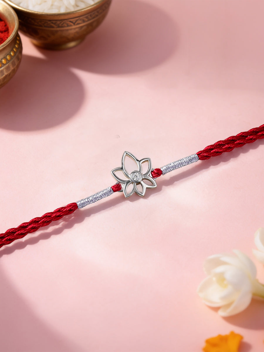 Lotus American Diamond Silver Rakhi