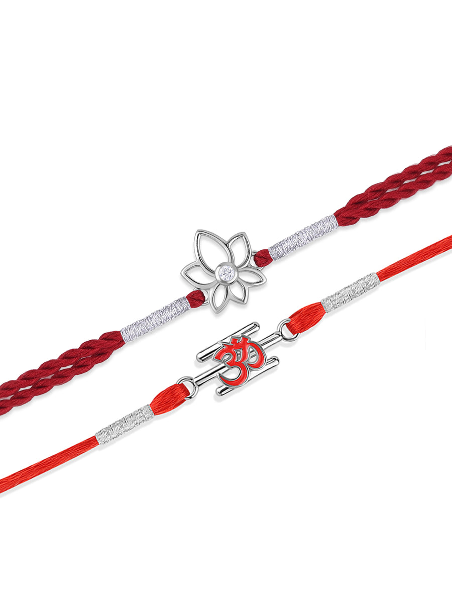 Lotus and Om Silver Rakhi Combo For Brother