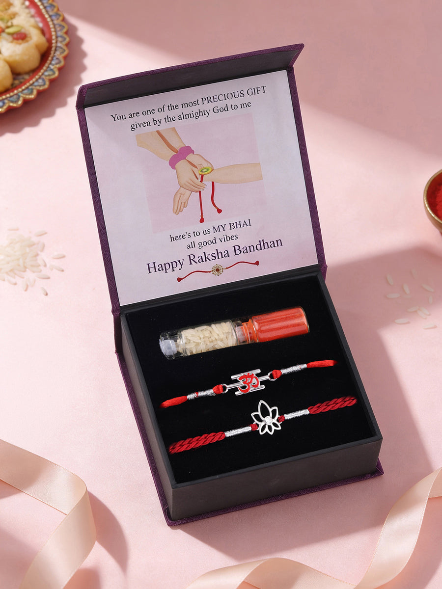 Lotus and Om Silver Rakhi Combo For Brother