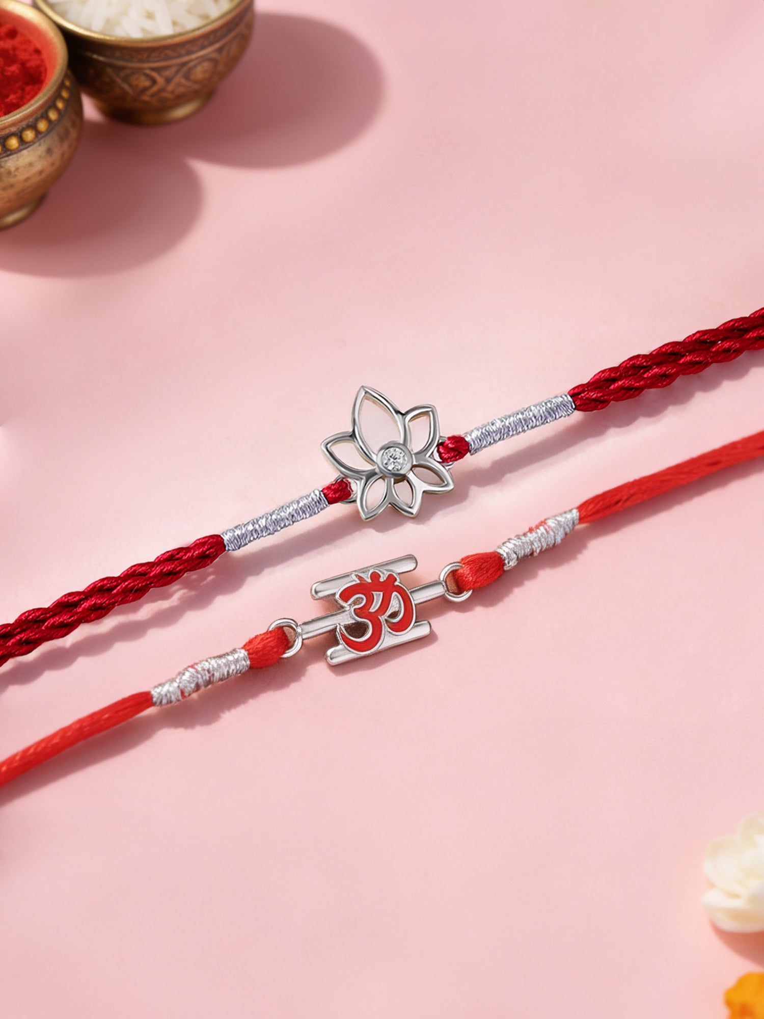 Lotus and Om Silver Rakhi Combo For Brother