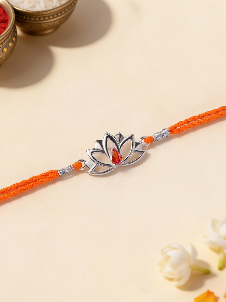 Lotus Grace Garnet Silver Rakhi