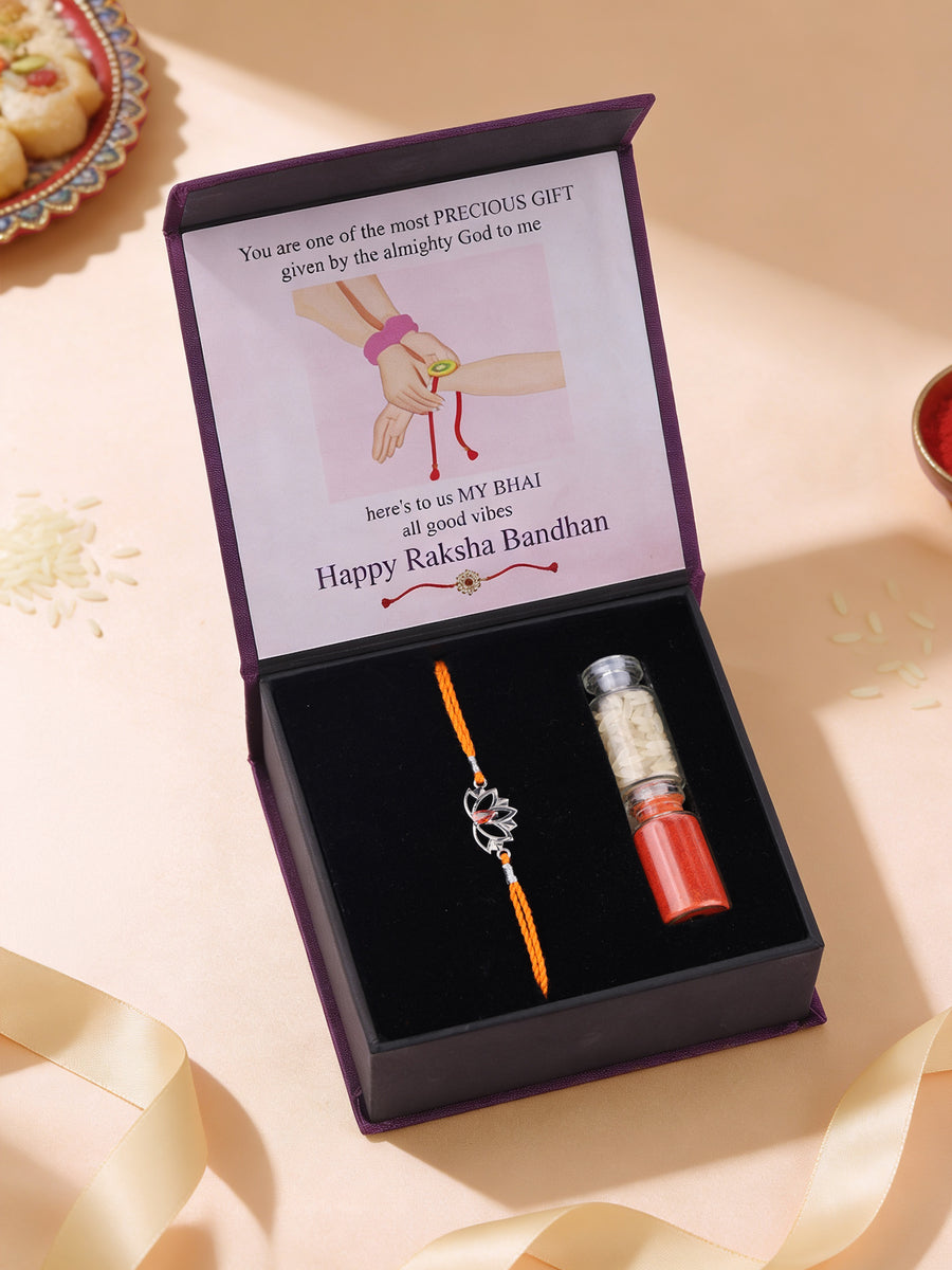 Lotus Grace Garnet Silver Rakhi