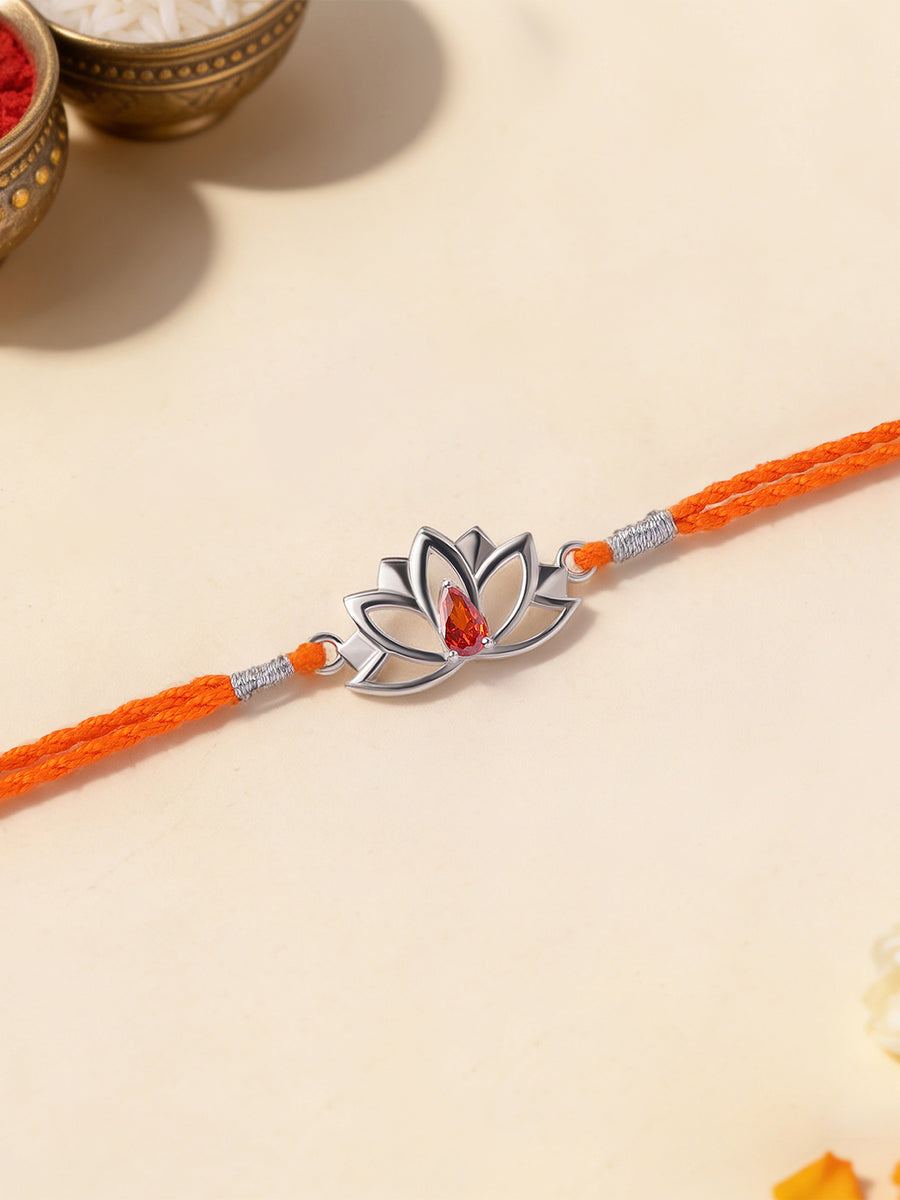Lotus Grace Garnet Silver Rakhi