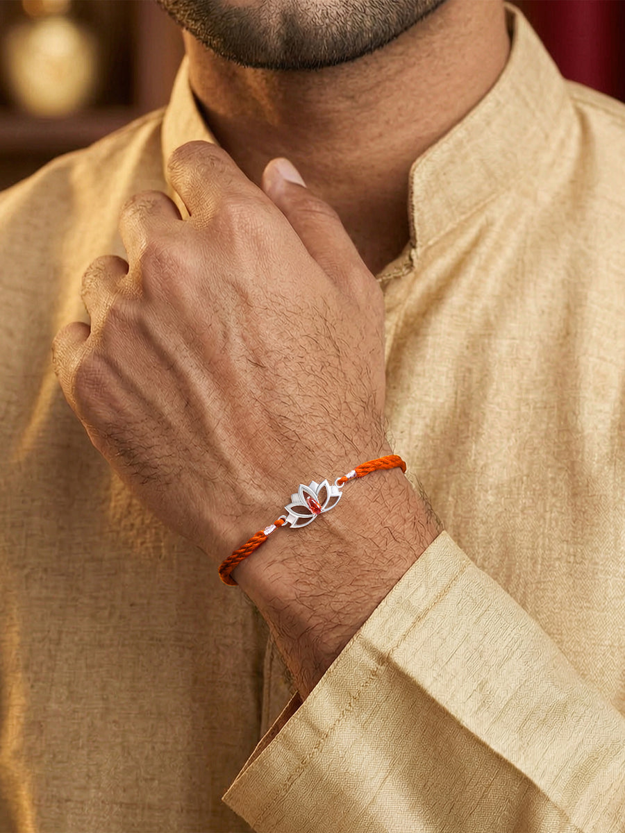 Lotus Grace Garnet Silver Rakhi