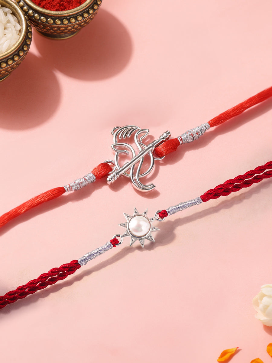Pearl Sun and Ganesha Silver Rakhi Combo For Bhai