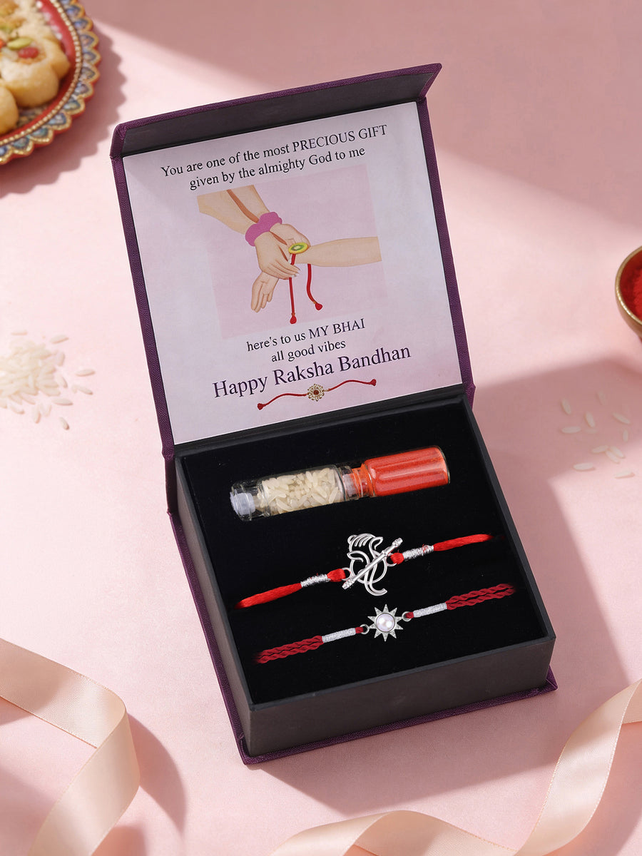 Pearl Sun and Ganesha Silver Rakhi Combo For Bhai