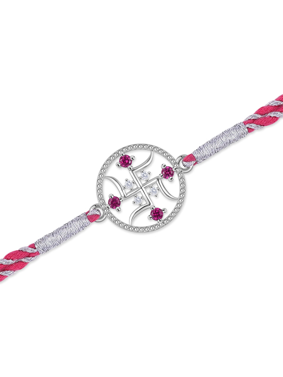 Divine Swastik Ruby Silver Rakhi