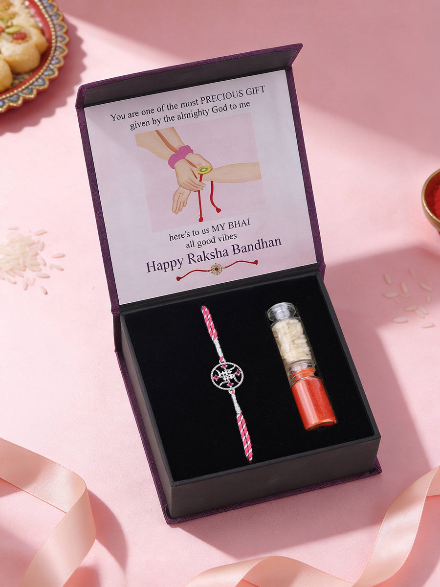 Divine Swastik Ruby Silver Rakhi