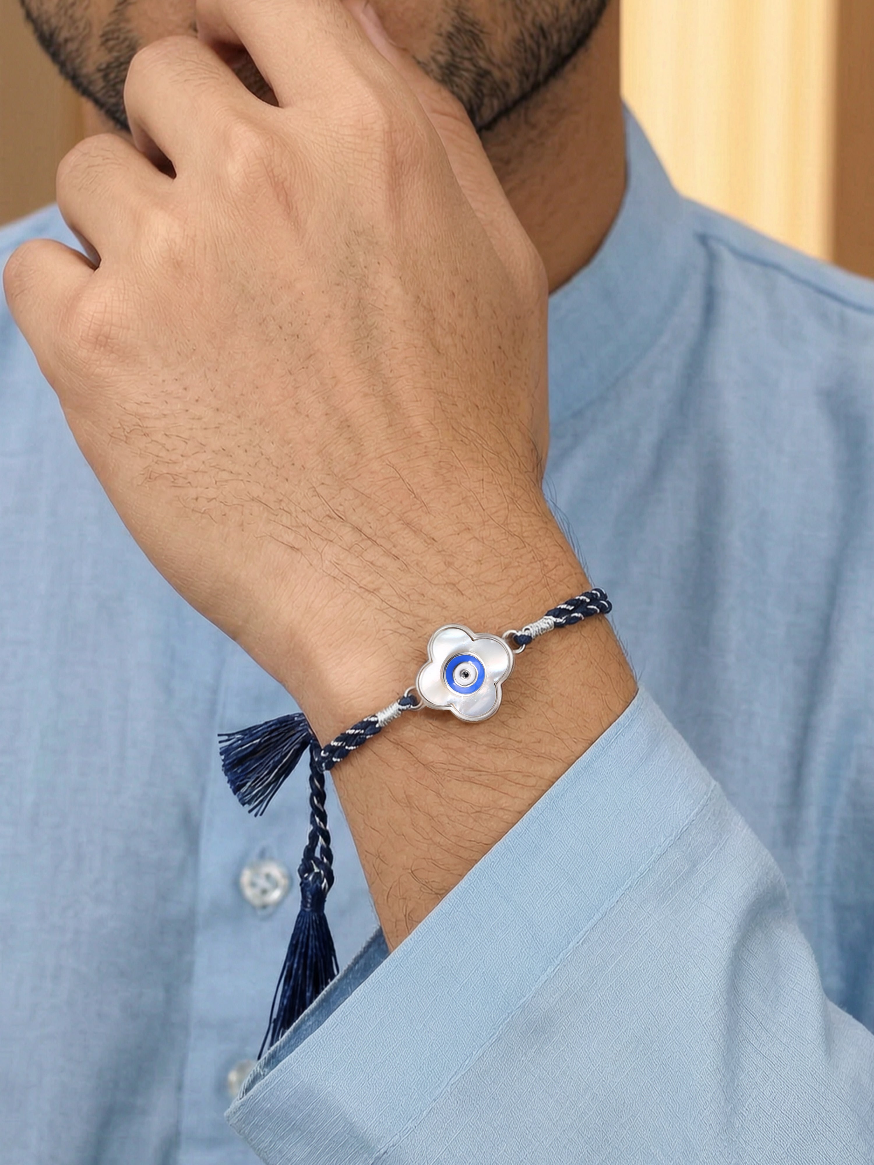 Mother of Pearl Evil Eye Silver Rakhi For Brother