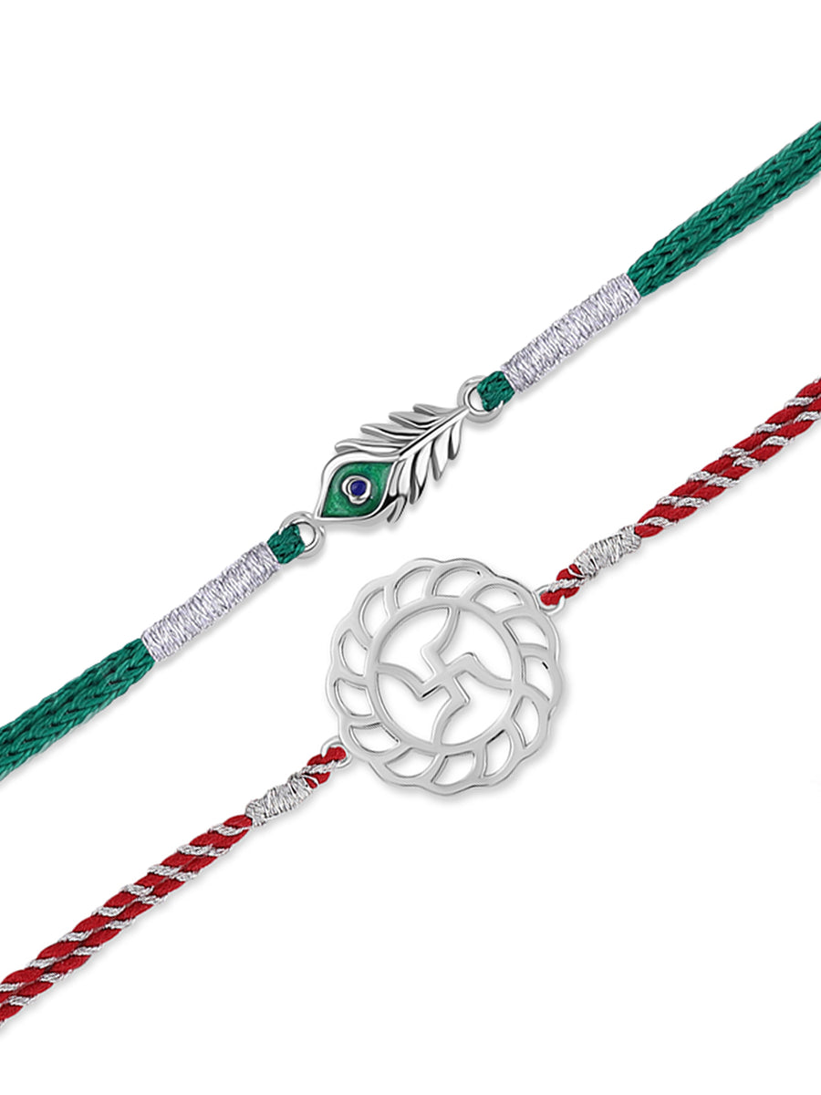 Morpankh and Swastik Silver Rakhi Combo