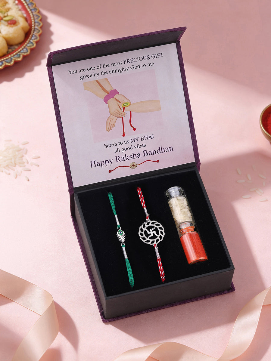 Morpankh and Swastik Silver Rakhi Combo