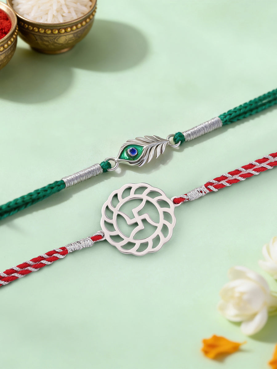Morpankh and Swastik Silver Rakhi Combo