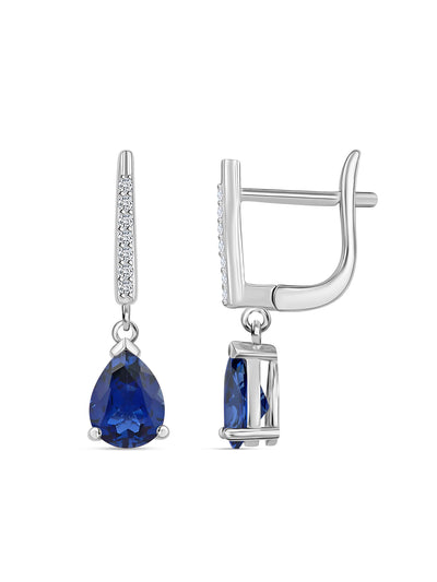 Blue Sapphire CZ Pear dangle earrings in 925 sterling silver by Ornate Jewels