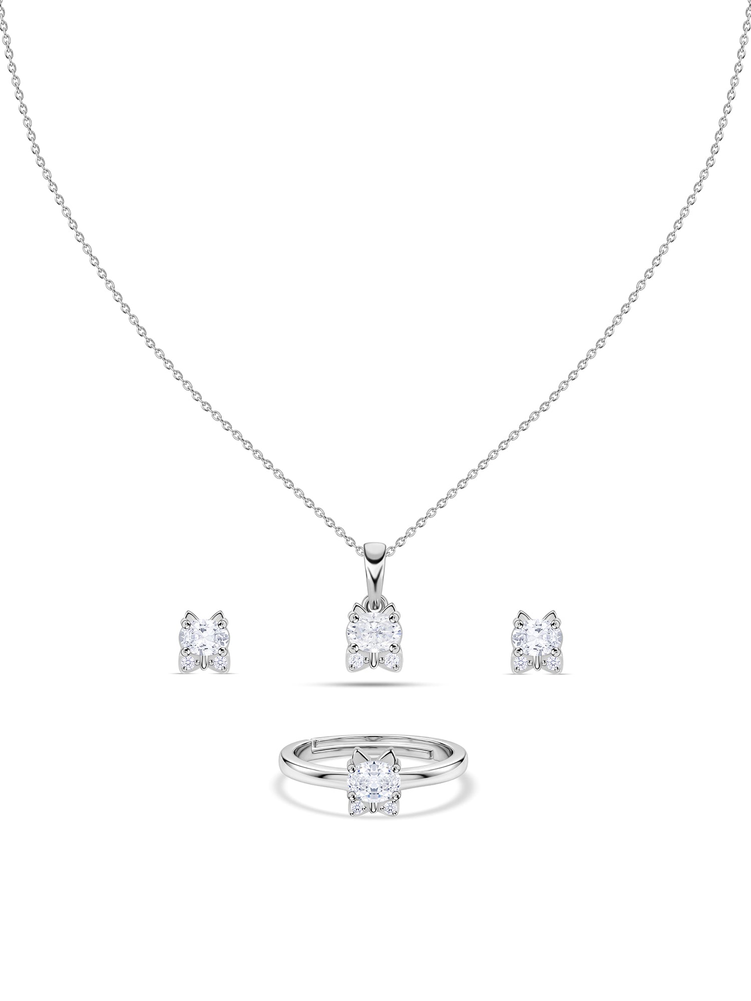 Kitten American Diamond Silver Jewellery Set