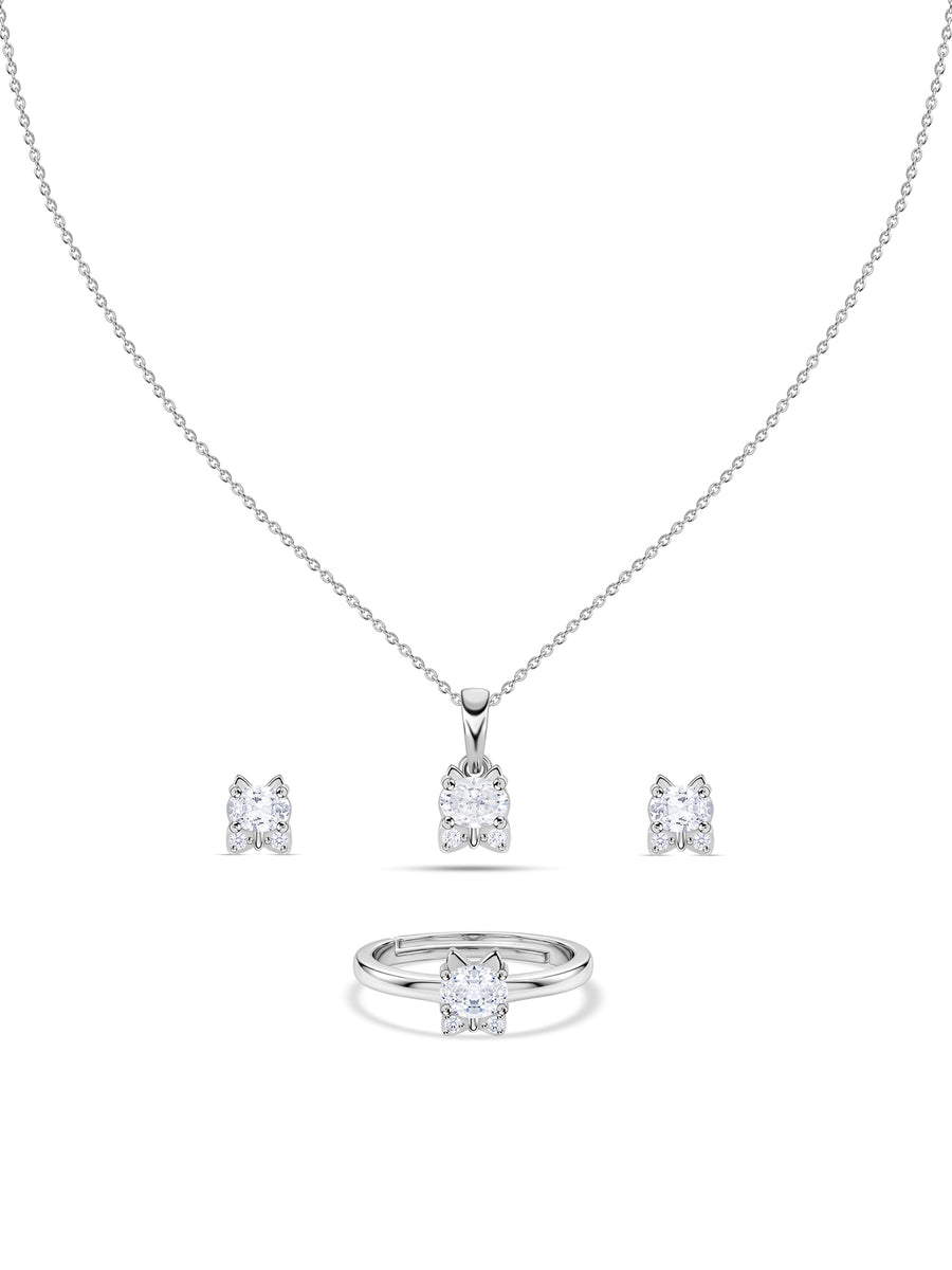 Kitten American Diamond Silver Jewellery Set