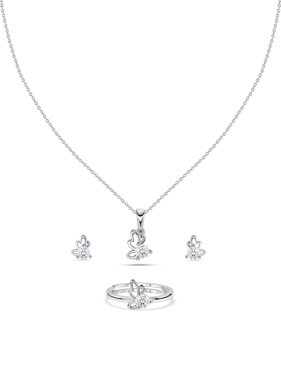 American Diamond Butterfly Silver Jewellery Set