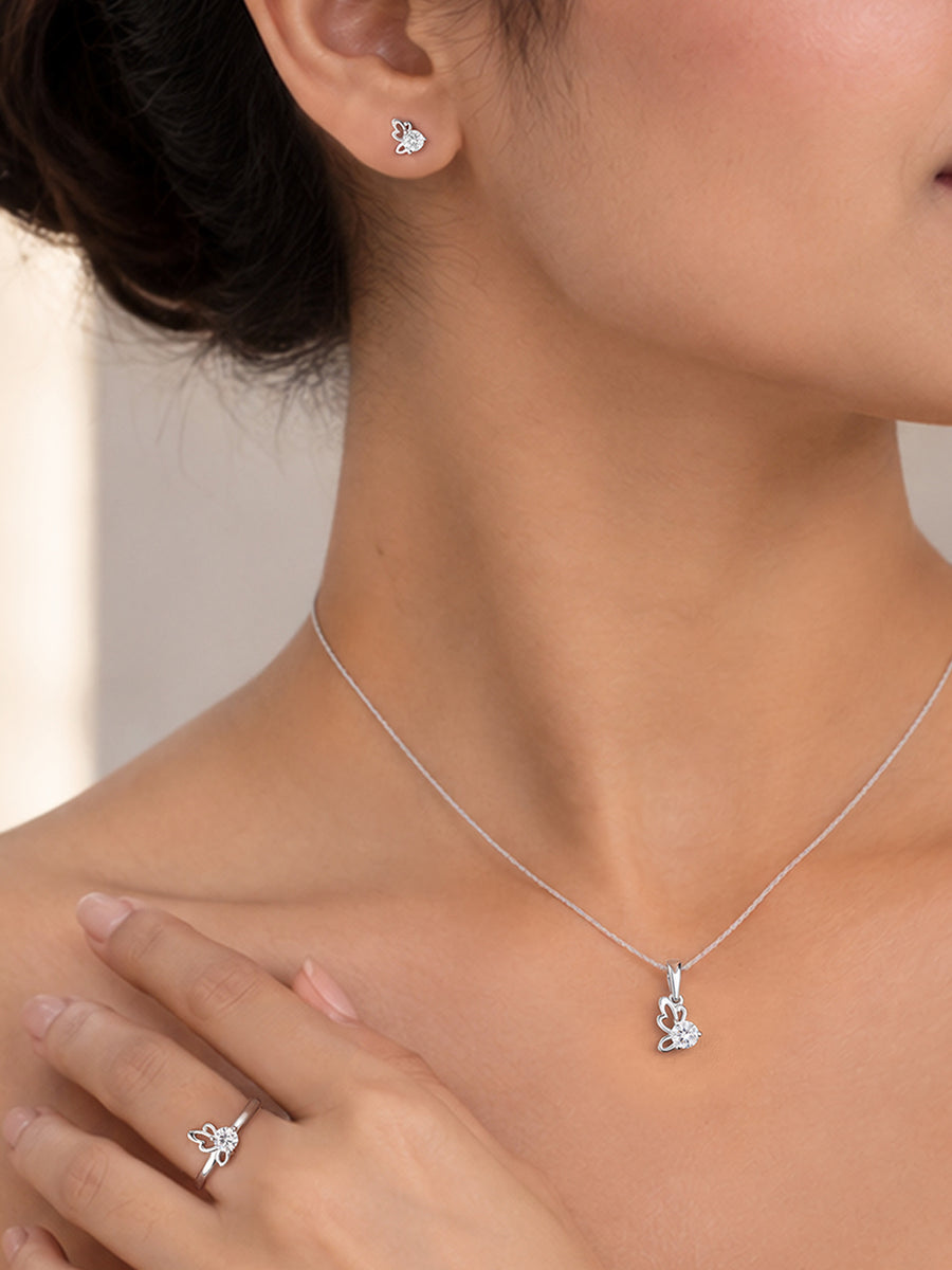 American Diamond Butterfly Silver Jewellery Set