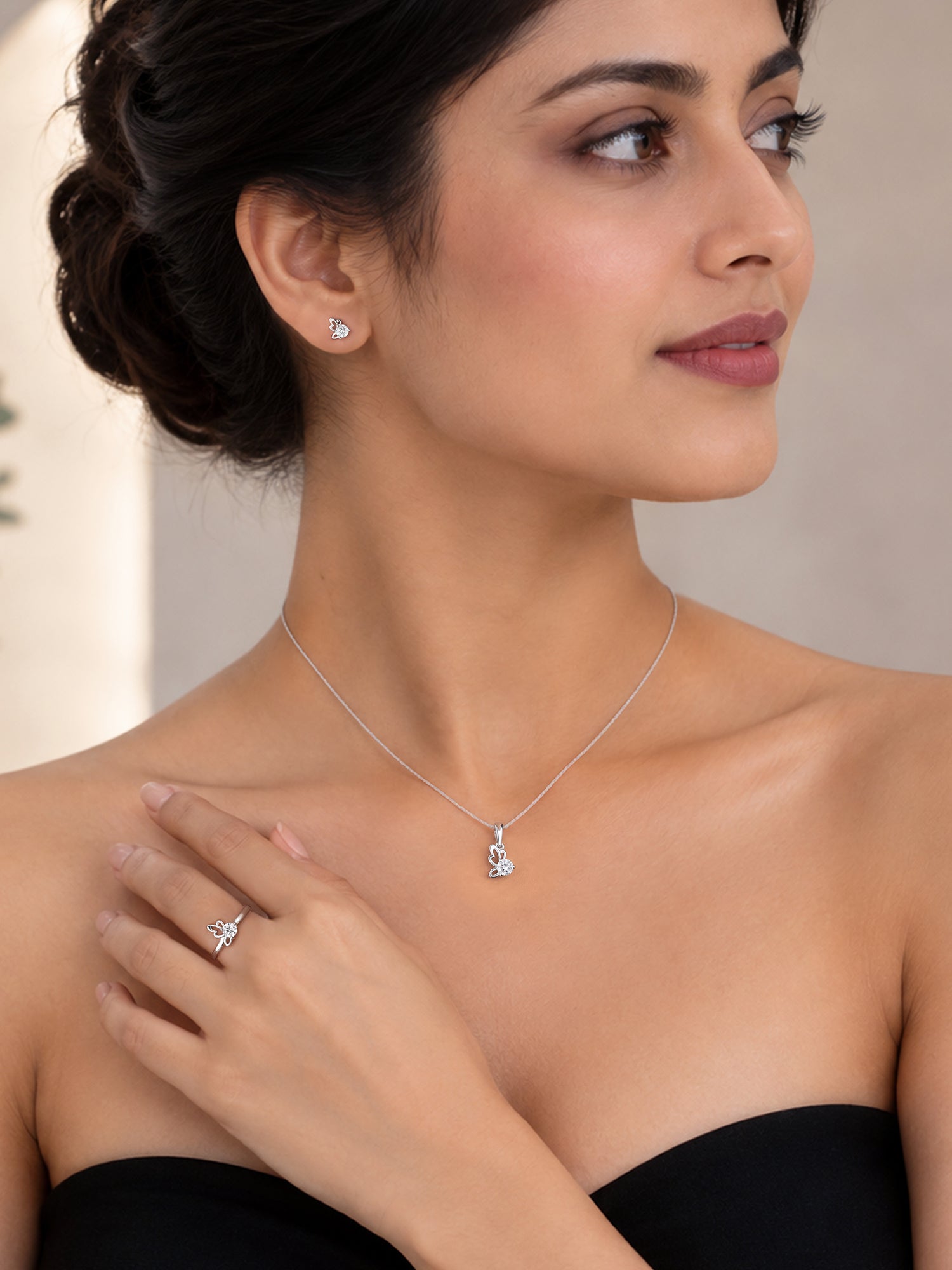 American Diamond Butterfly Silver Jewellery Set
