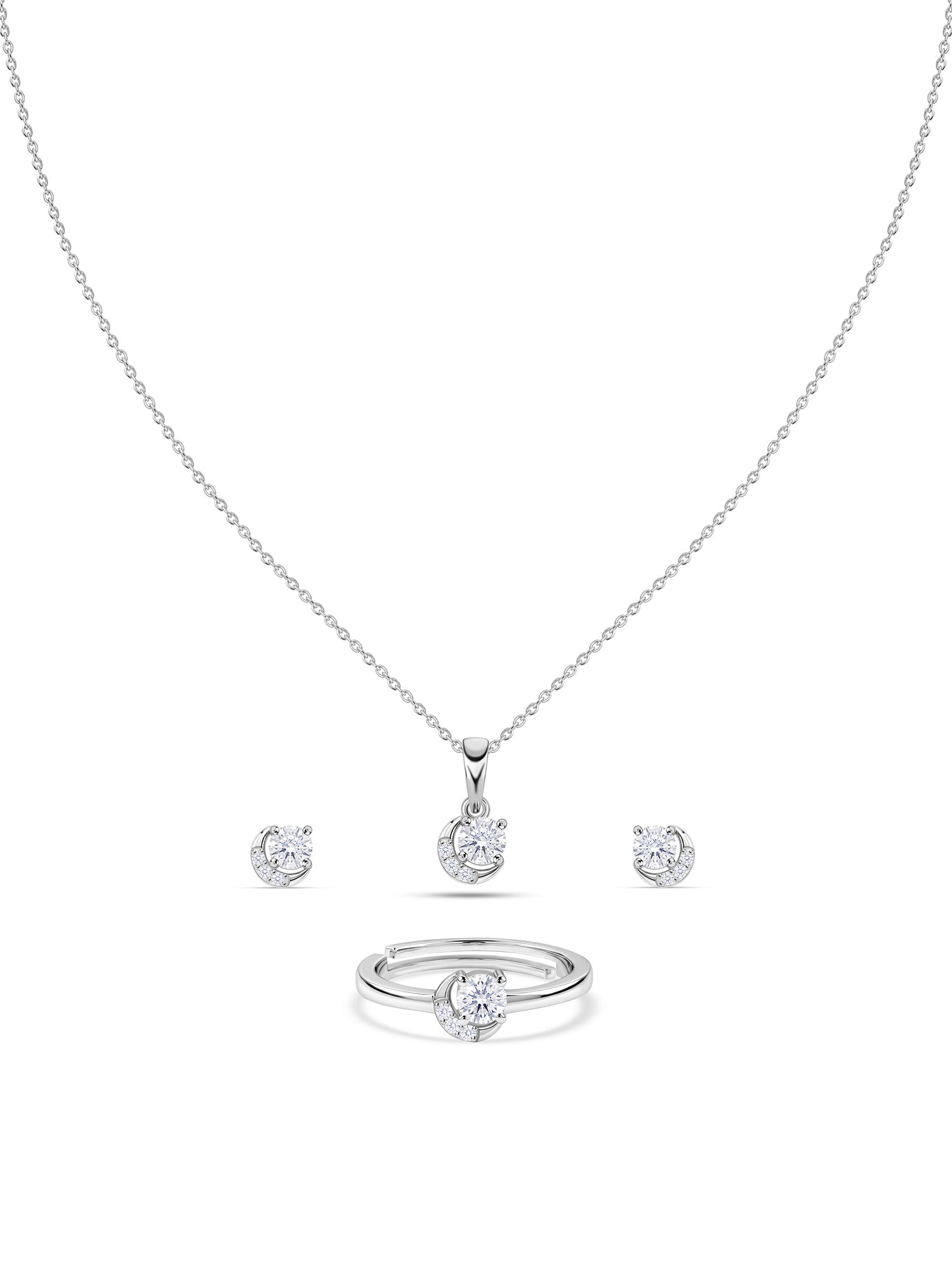 Crescent Moon American Diamond Silver Jewellery Set