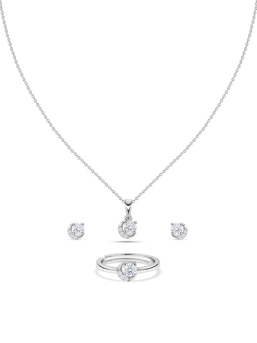Crescent Moon American Diamond Silver Jewellery Set