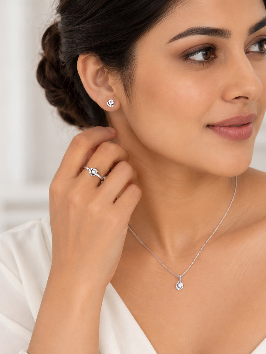 Crescent Moon American Diamond Silver Jewellery Set