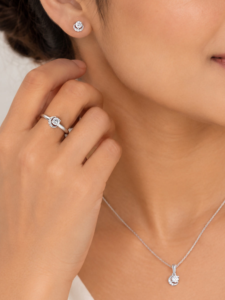 Crescent Moon American Diamond Silver Jewellery Set