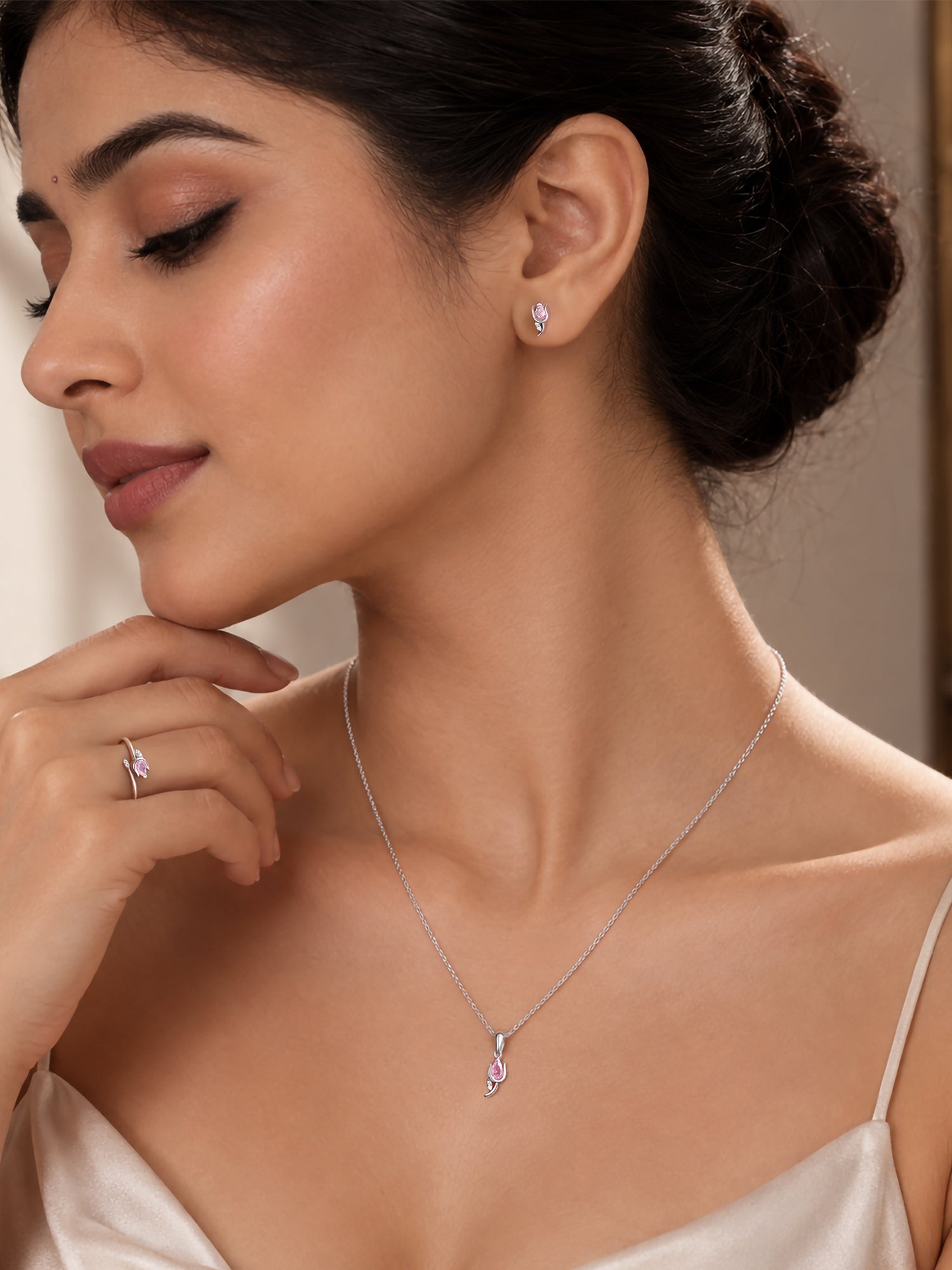 Tulip Pink CZ Stone Silver Jewellery Set
