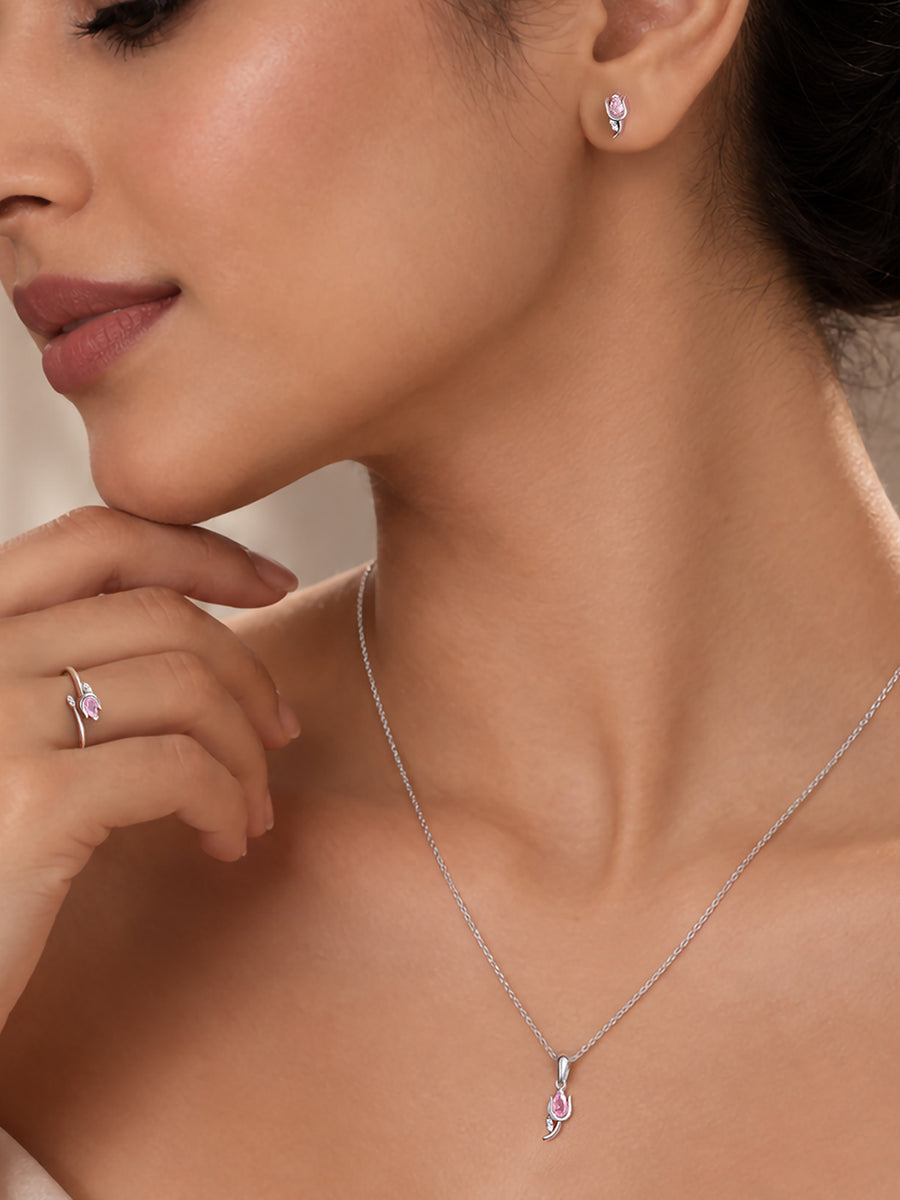 Tulip Pink CZ Stone Silver Jewellery Set