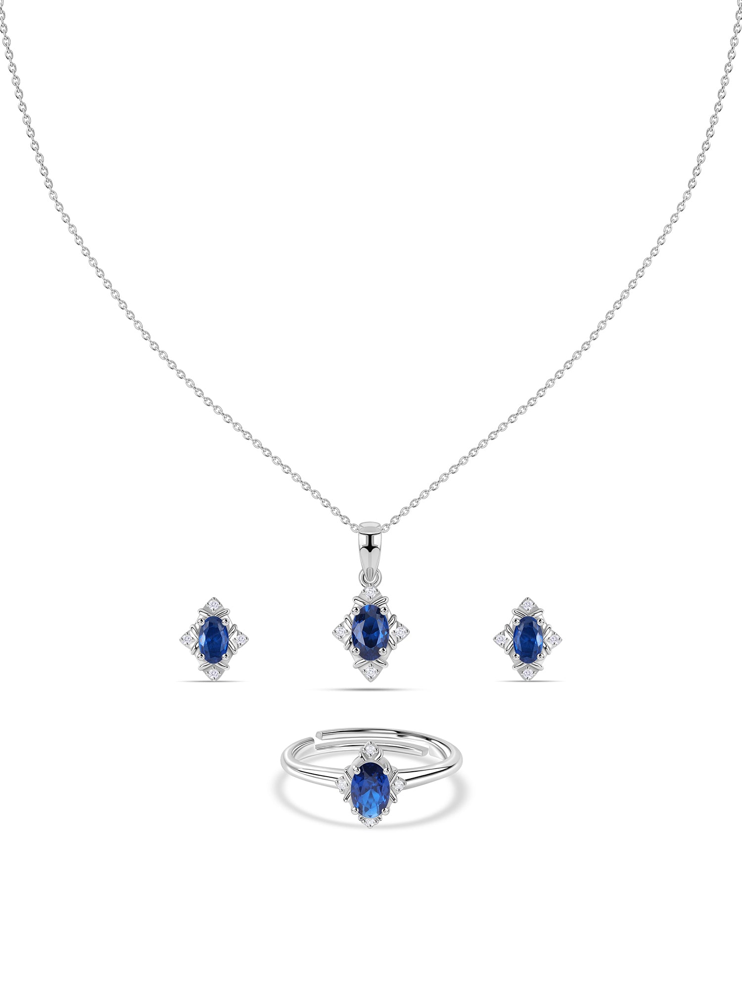 Vintage Halo Blue Sapphire Silver Jewellery Set