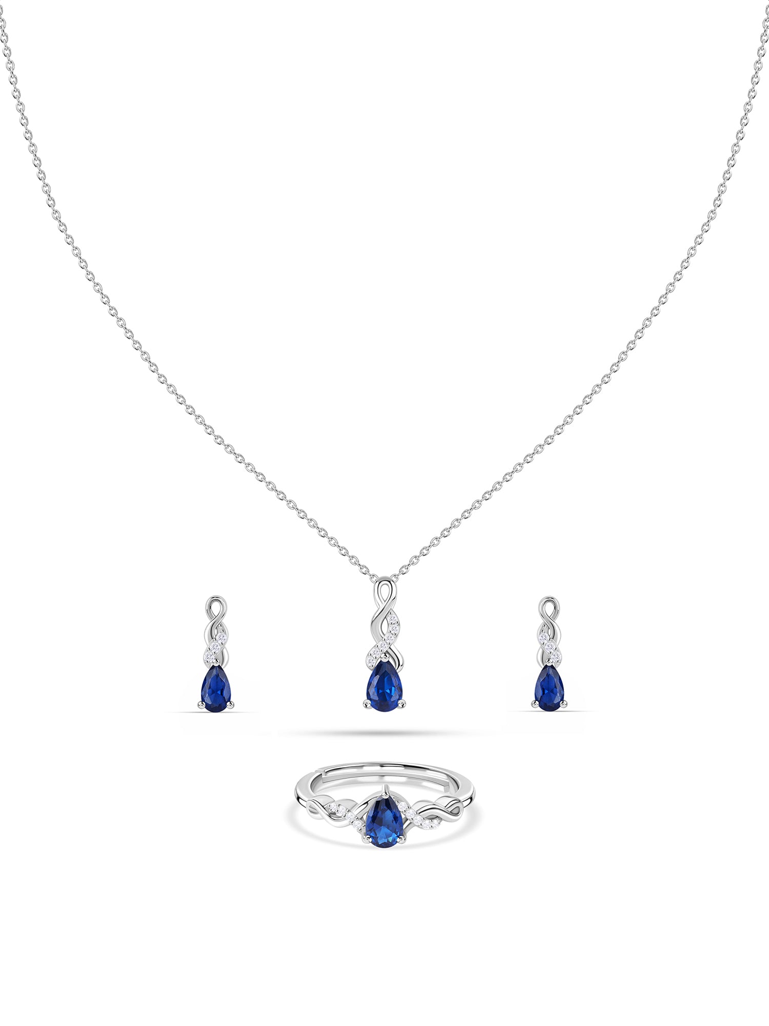Infinity Twist Blue Sapphire CZ  Silver Jewellery Set