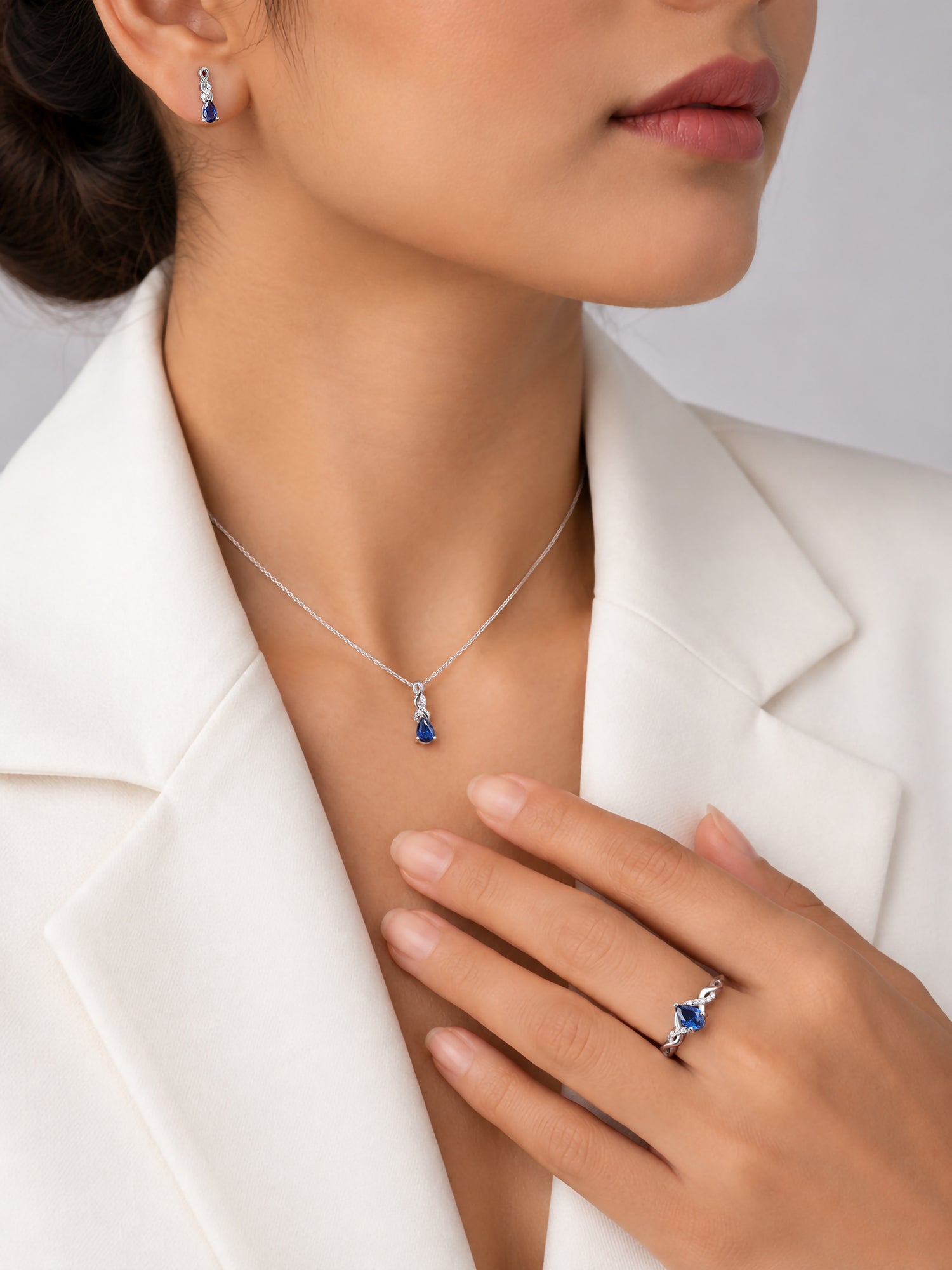 Infinity Twist Blue Sapphire CZ  Silver Jewellery Set