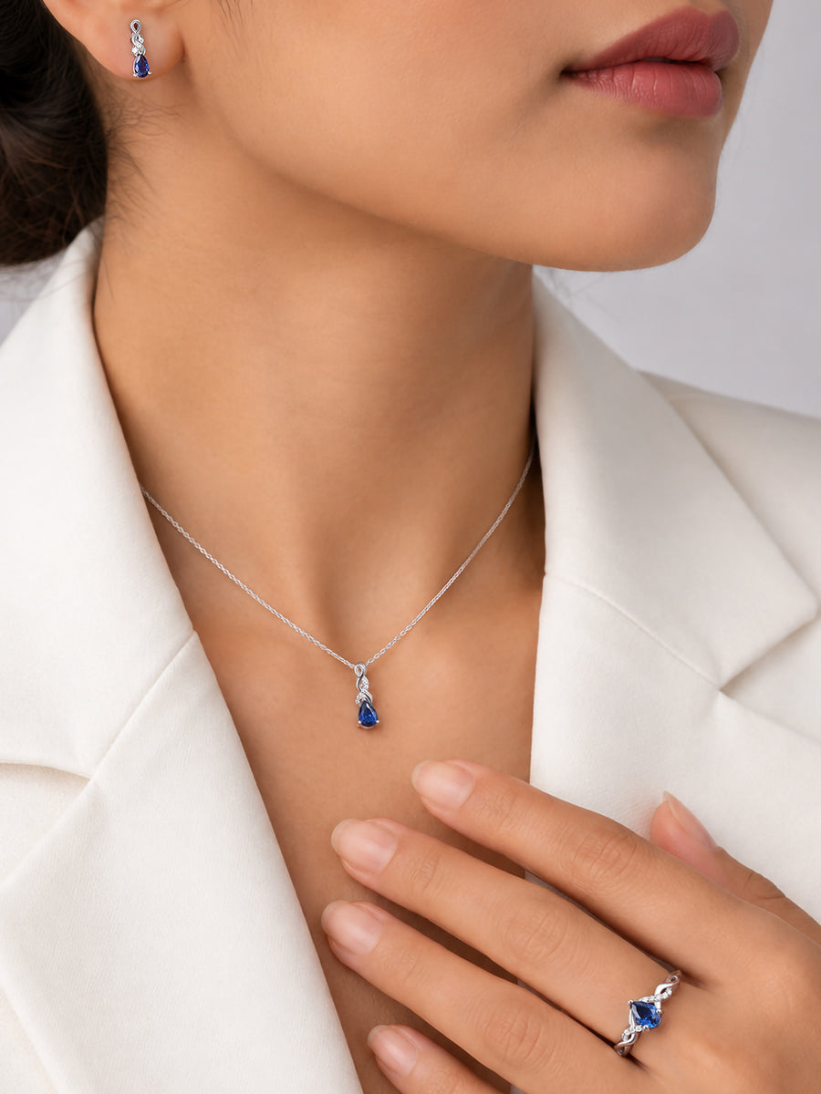 Infinity Twist Blue Sapphire CZ  Silver Jewellery Set
